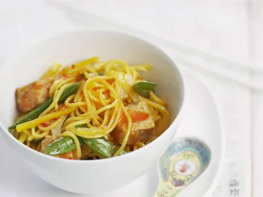 five-spice tofu with egg noodles and lemon chilli sauce