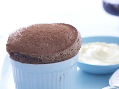 hot chocolate soufflés with liqueur cream