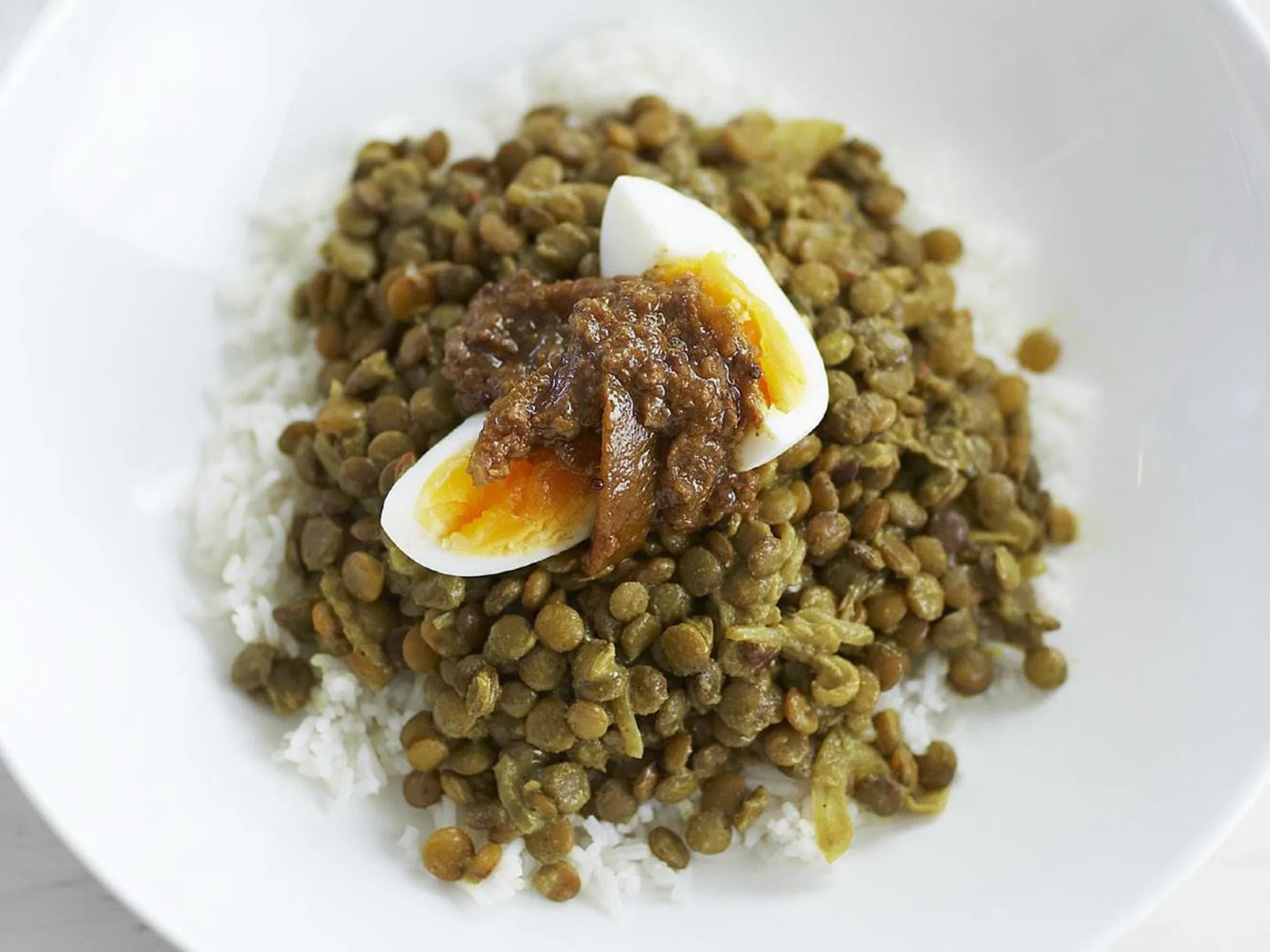lentil and egg curry with lime pickle