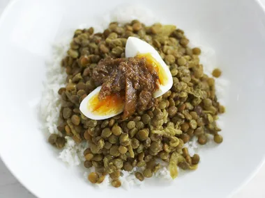 lentil and egg curry with lime pickle