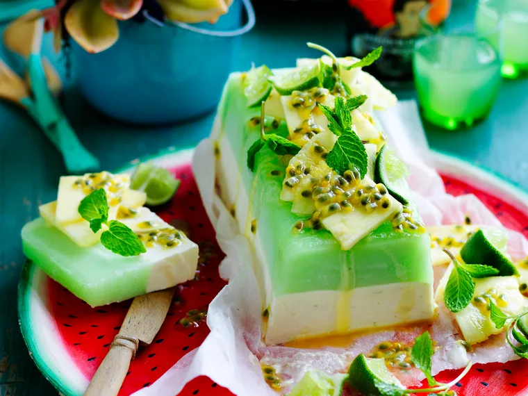 Lime sorbet splice with mojito fruit salad