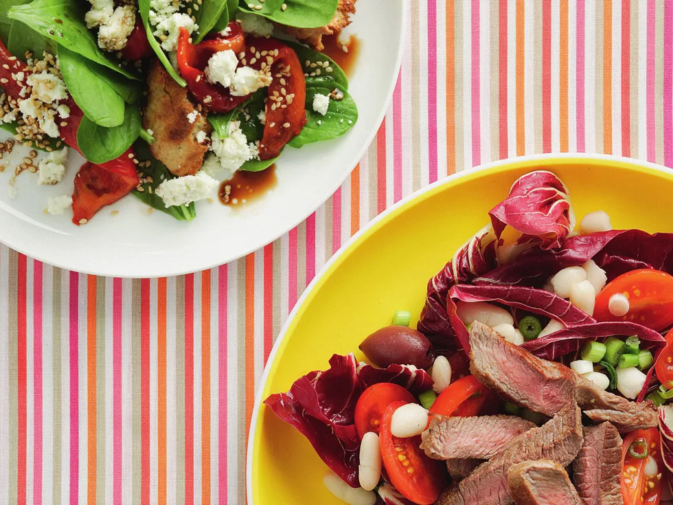 spinach,capsicum,feta andtoasted pita salad