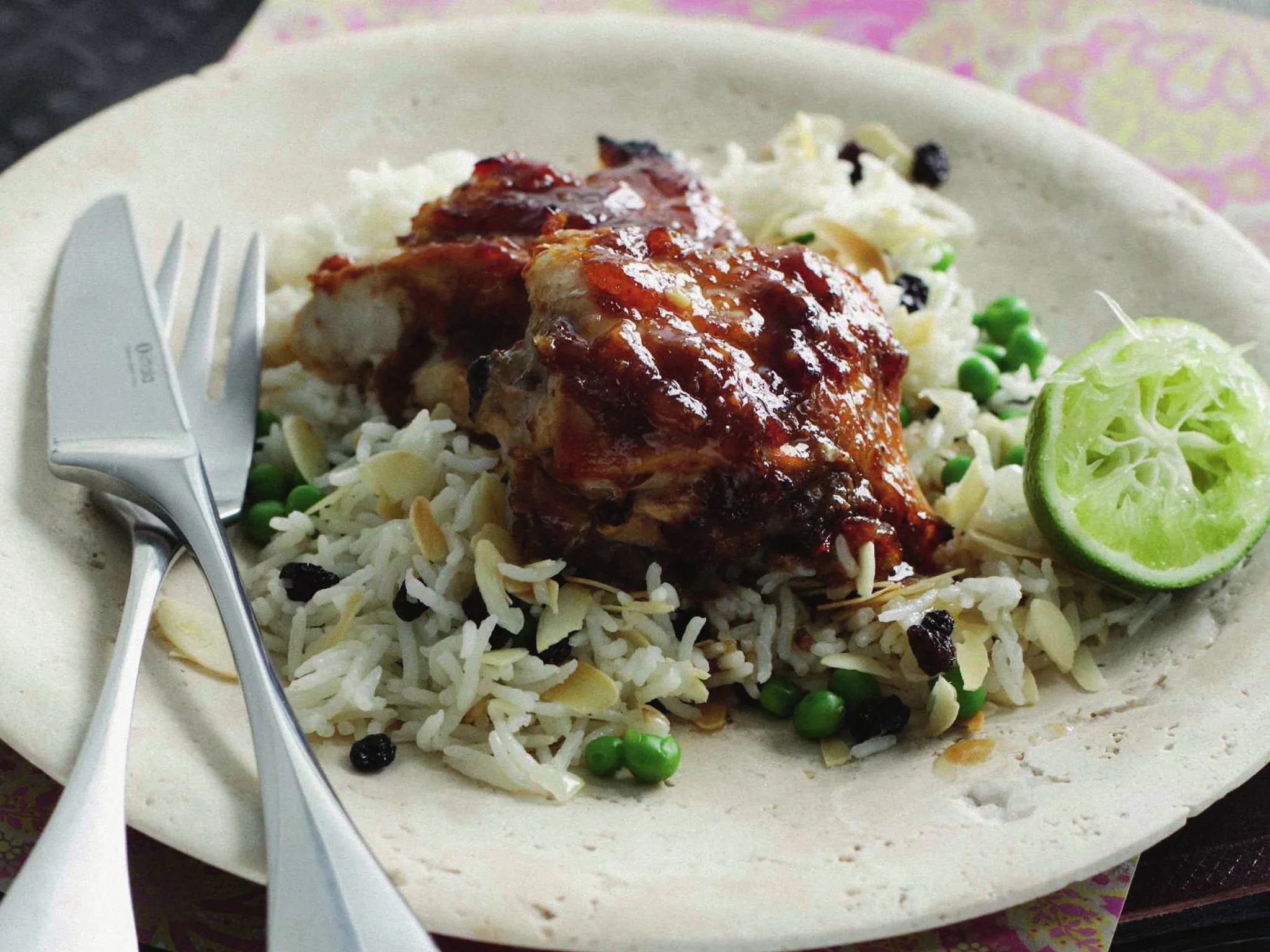 tamarind chicken with almond pilaf