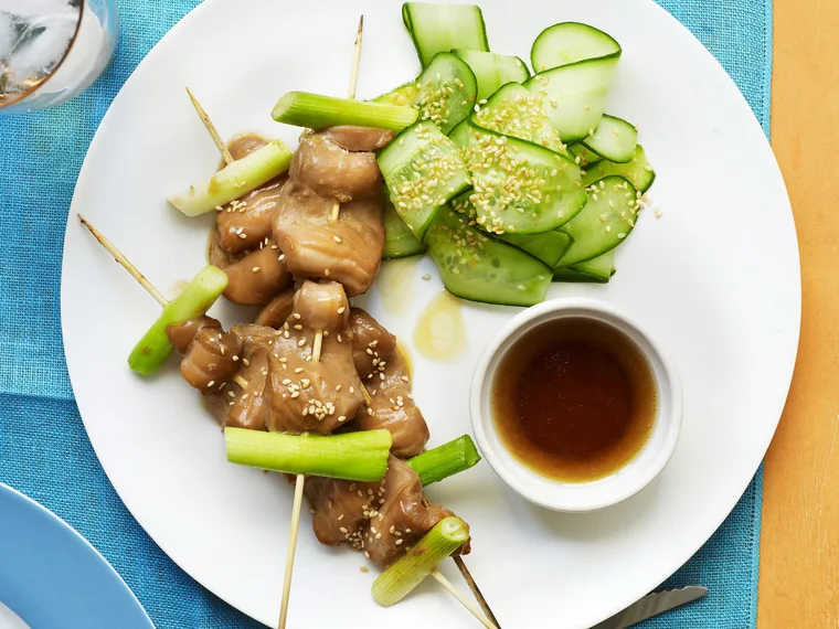 cucumber salad with teriyaki salmon skewers