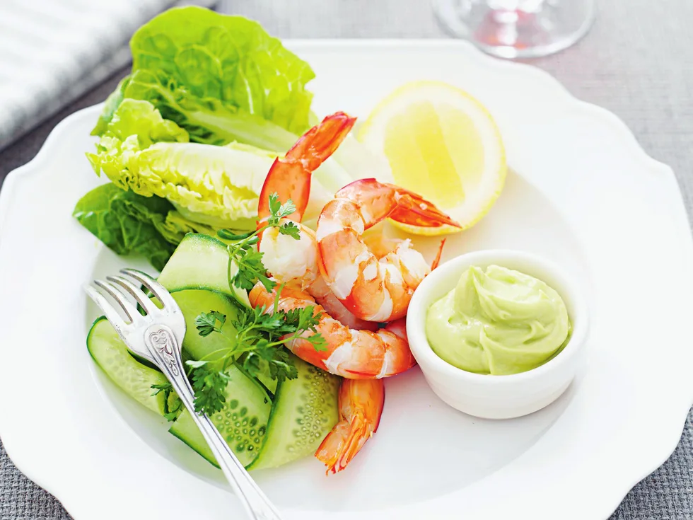 prawns with avocado cream and baby cos leaves