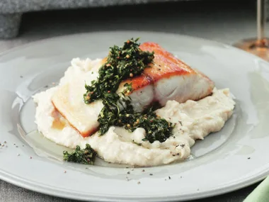 kingfish with salsa verde and white bean puree