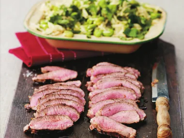 lemon-pepper lamb with broad bean risoni