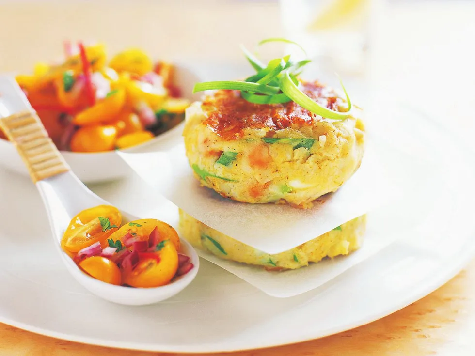 soya bean and potato patties with teardrop tomato salsa