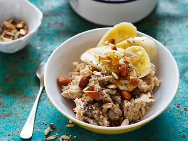 soy porridge with banana, whole seeds and almonds
