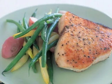 peppered swordfish with bean and potato salad