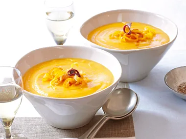 Creamy sweet potato and fennel soup with parmesan wafers