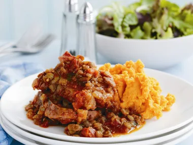 Lamb neck chop and lentil stew with kumara carrot mash