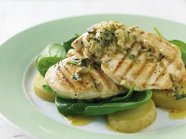 Grilled chicken with green olive butter