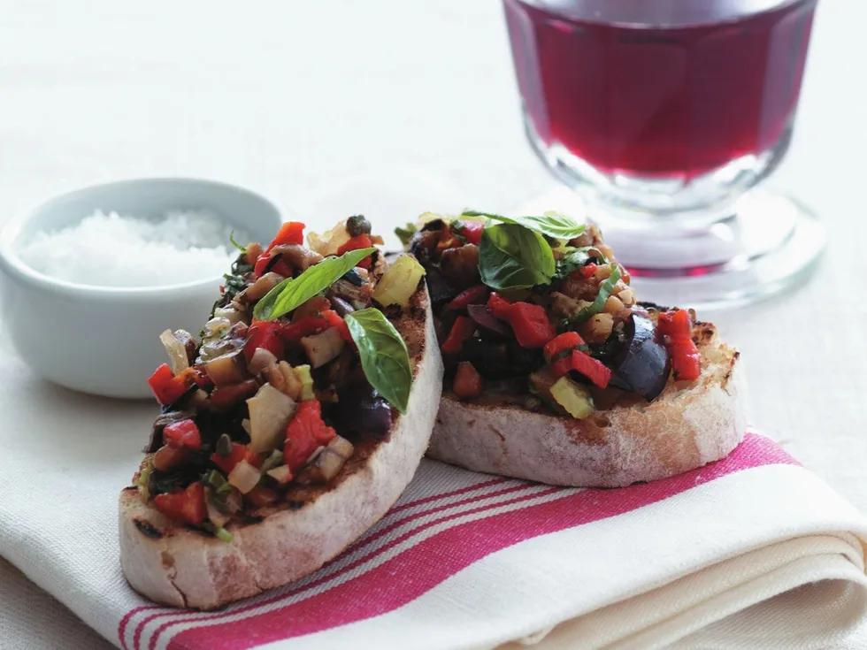 Bruschetta with eggplant and olive topping