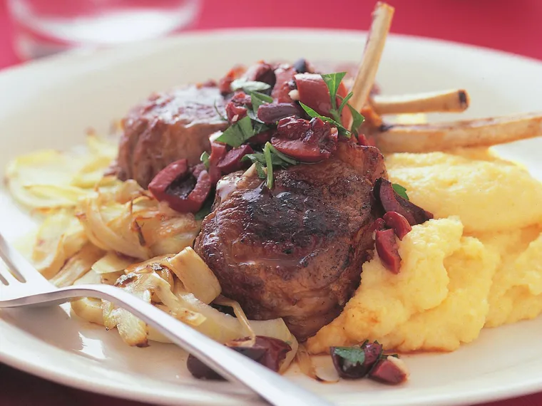 Lamb cutlets with olive salsa, polenta and fennel