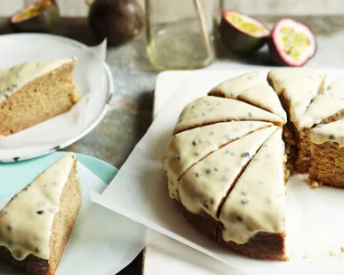 Banana cake with passionfruit icing