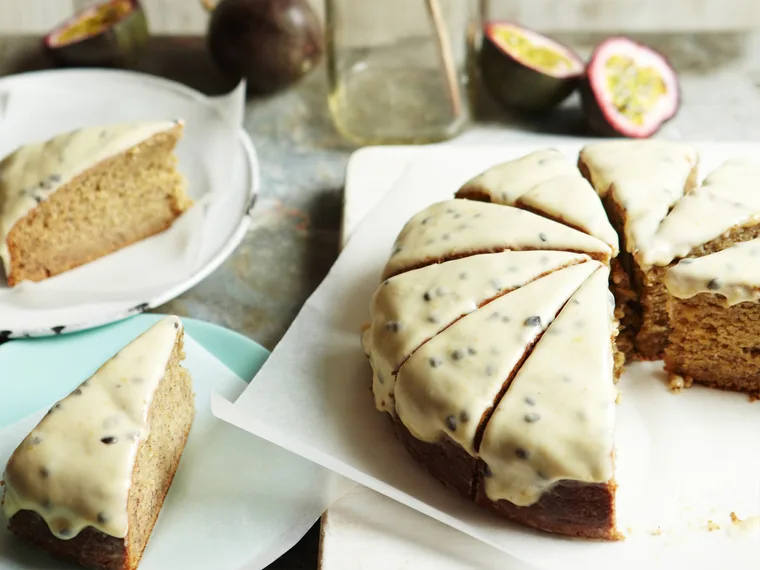 Banana cake with passionfruit icing