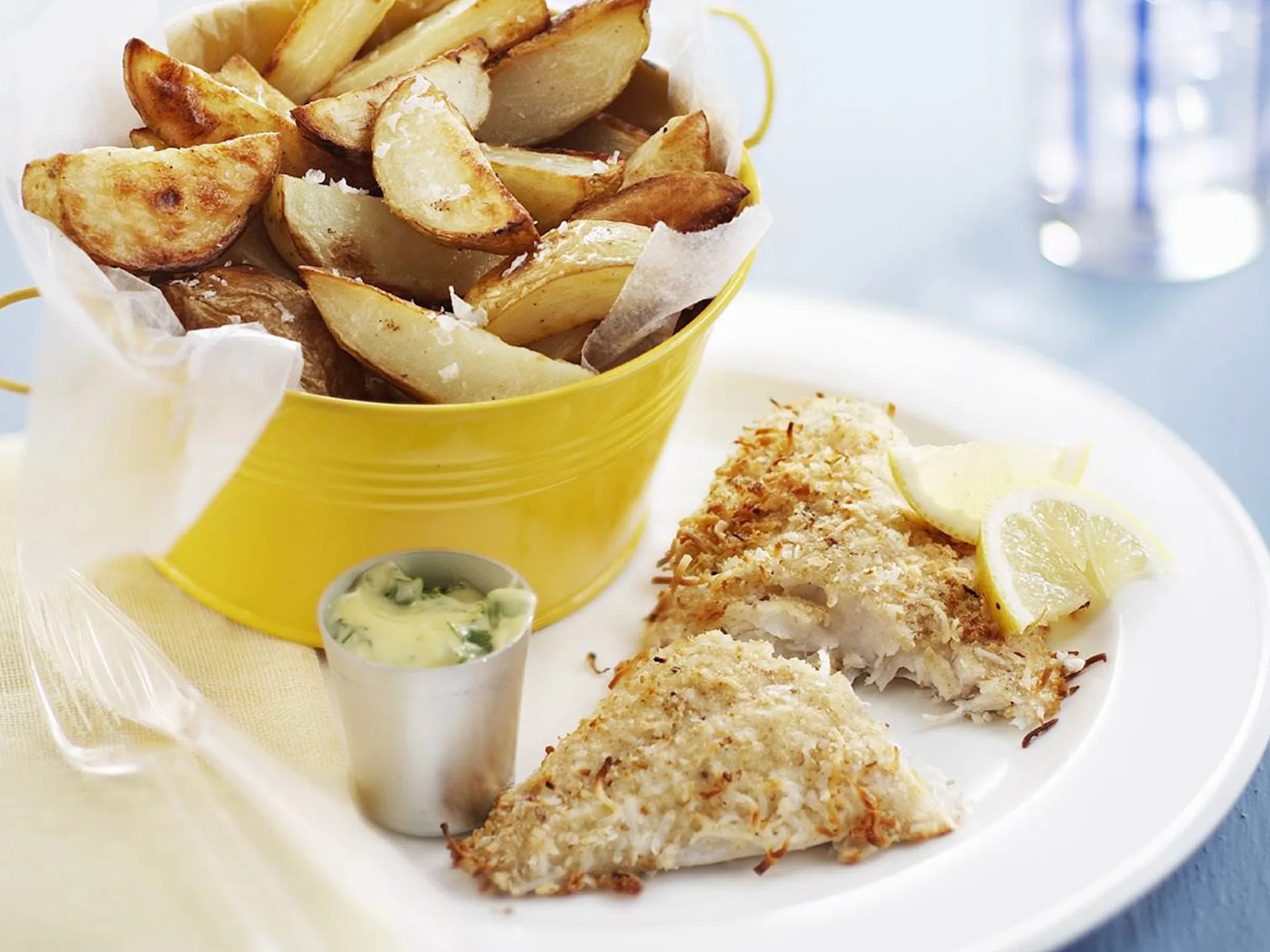 Coconut fish and chips with lemon coriander mayo