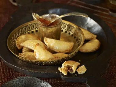 Beef samosas with peach and raisin chutney