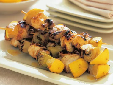 Chicken, lemon and artichoke kebabs