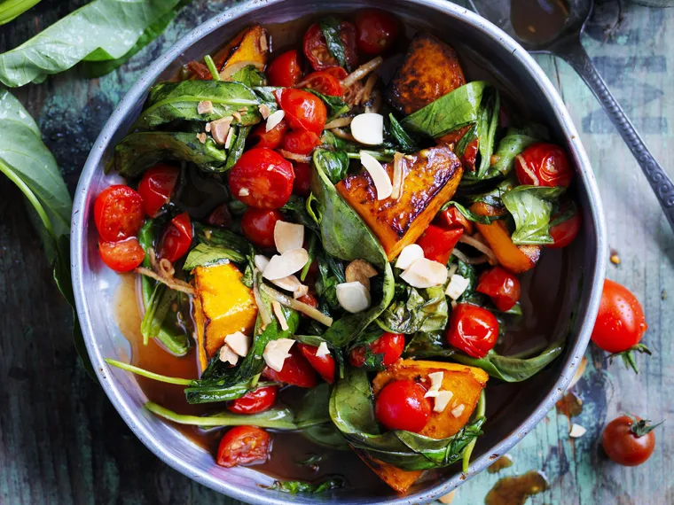 Stir-fried pumpkin, water spinach and tomatoes with five spice