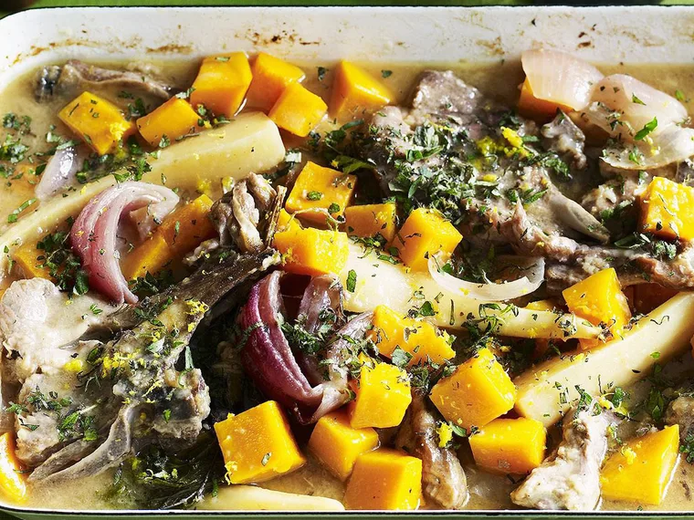 Lemon-scented lamb casserole with winter vegetables