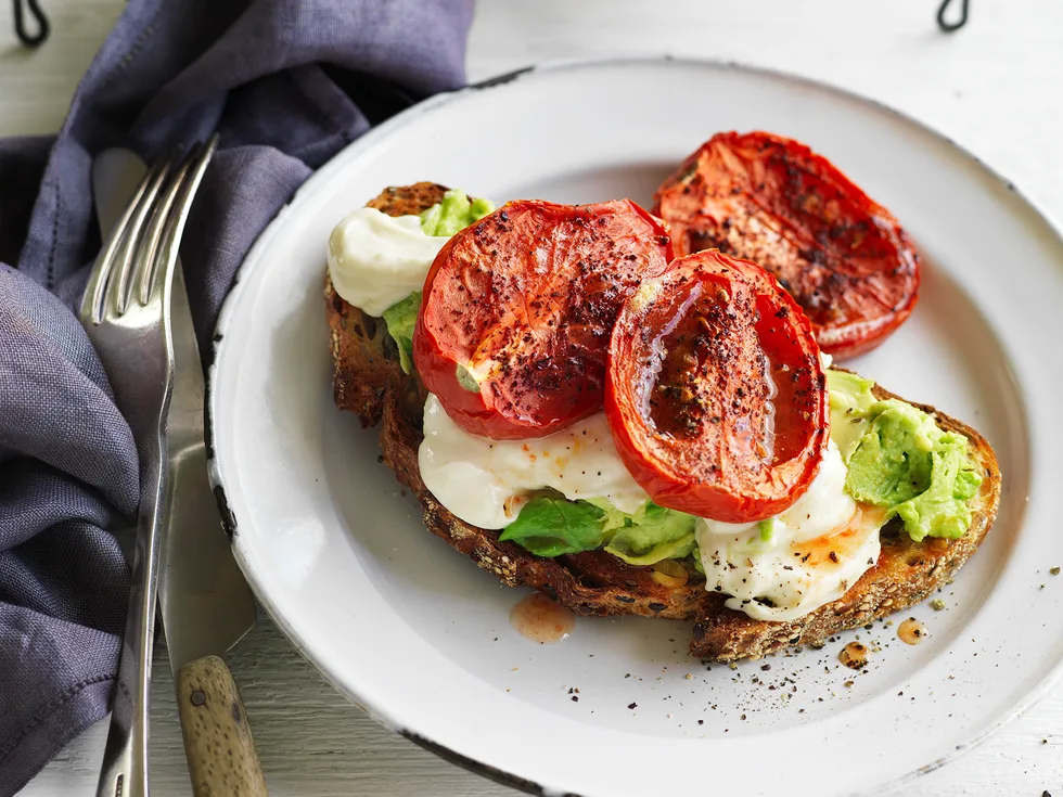 toast with avocado, tahini and sumac tomatoes