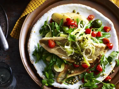 Pan-fried whiting with leek, tomato and olive salsa
