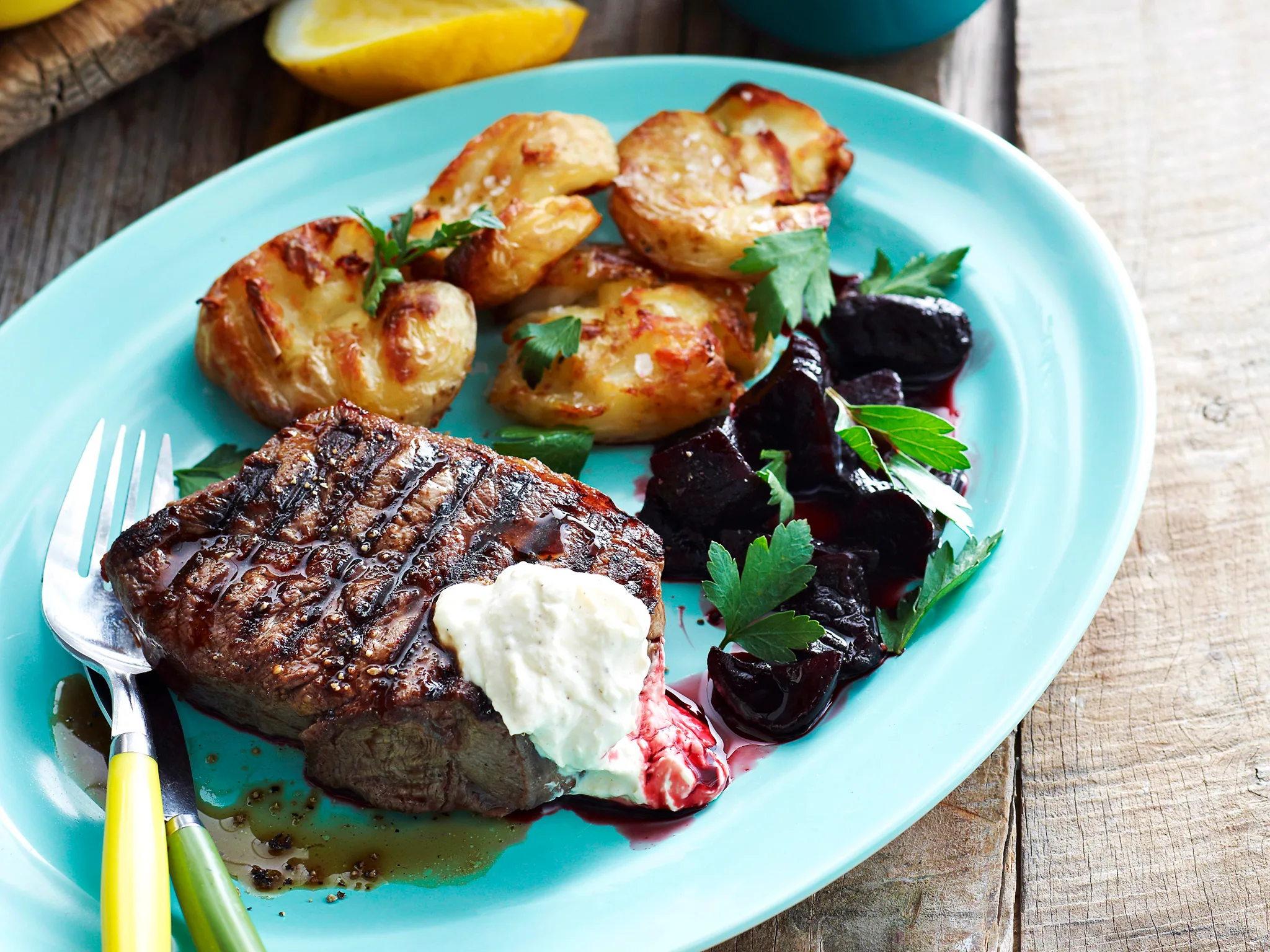 Steaks with horseradish cream and balsamic beets