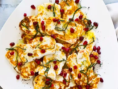 Haloumi with pomegranate and basil