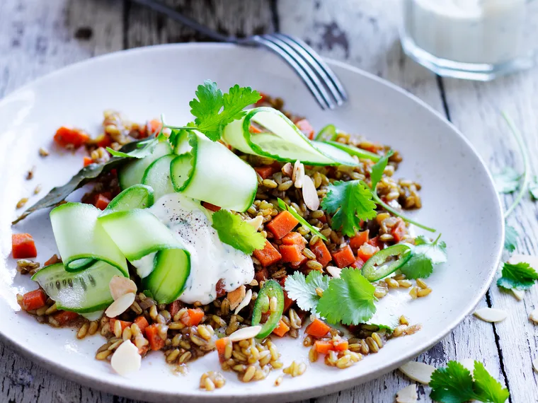 Spiced freekeh with cucumber and garlic minted yoghurt