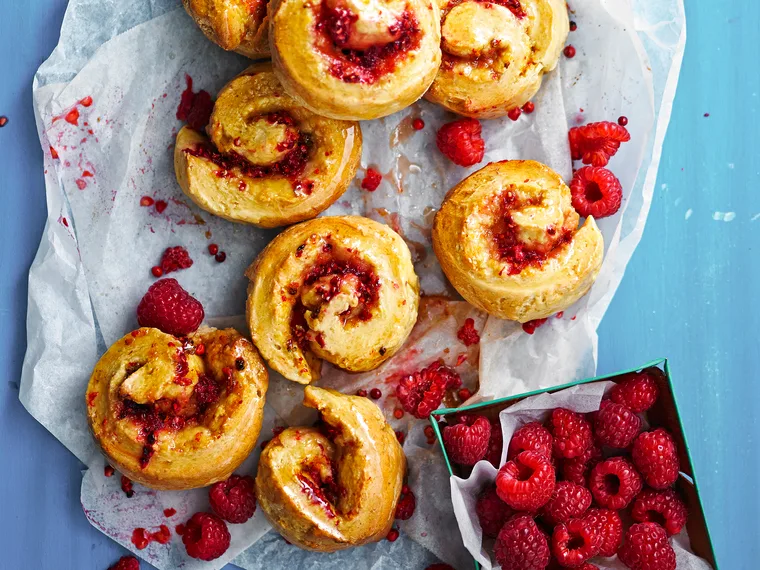 Raspberry, polenta and pink peppercorn scrolls