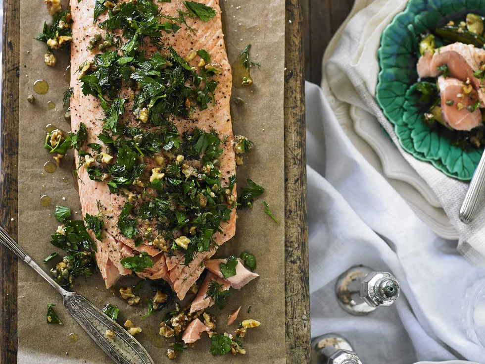 Salmon with herb and walnut crust