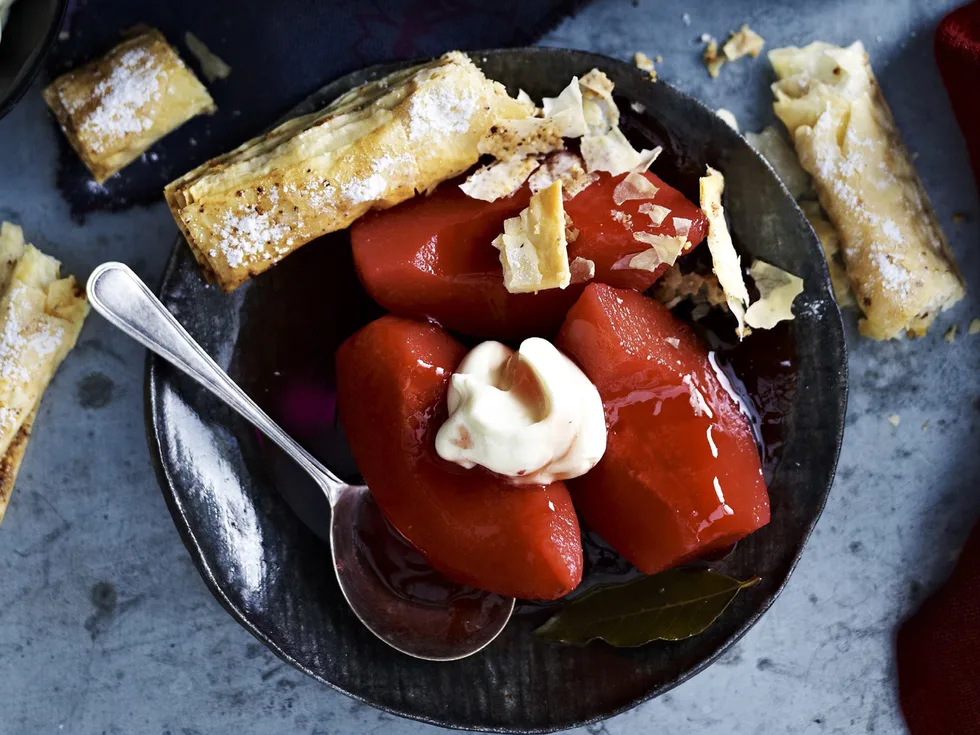 Slow-poached quince with filo fingers