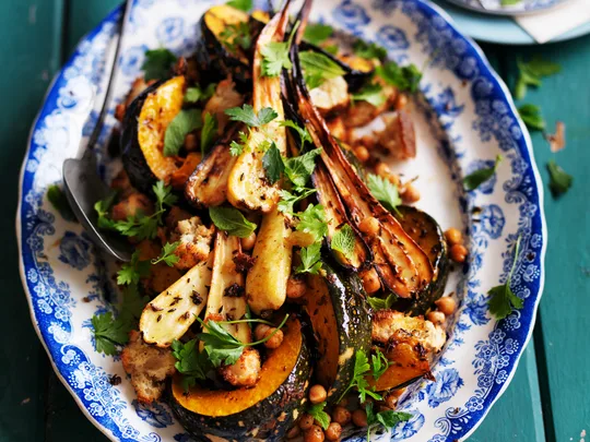 roast cumin pumpkin and parsnip with hummus dressing