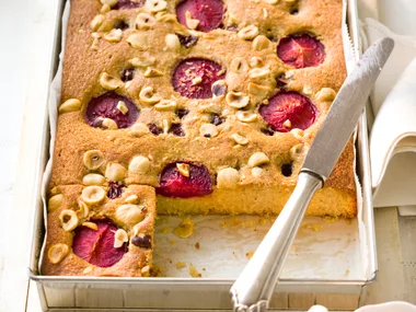 Hazelnut, plum and sour cherry cake