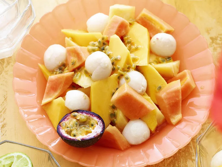 Tropical fruit with rosewater syrup