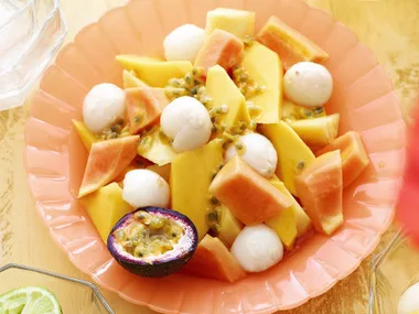 Tropical fruit with rosewater syrup