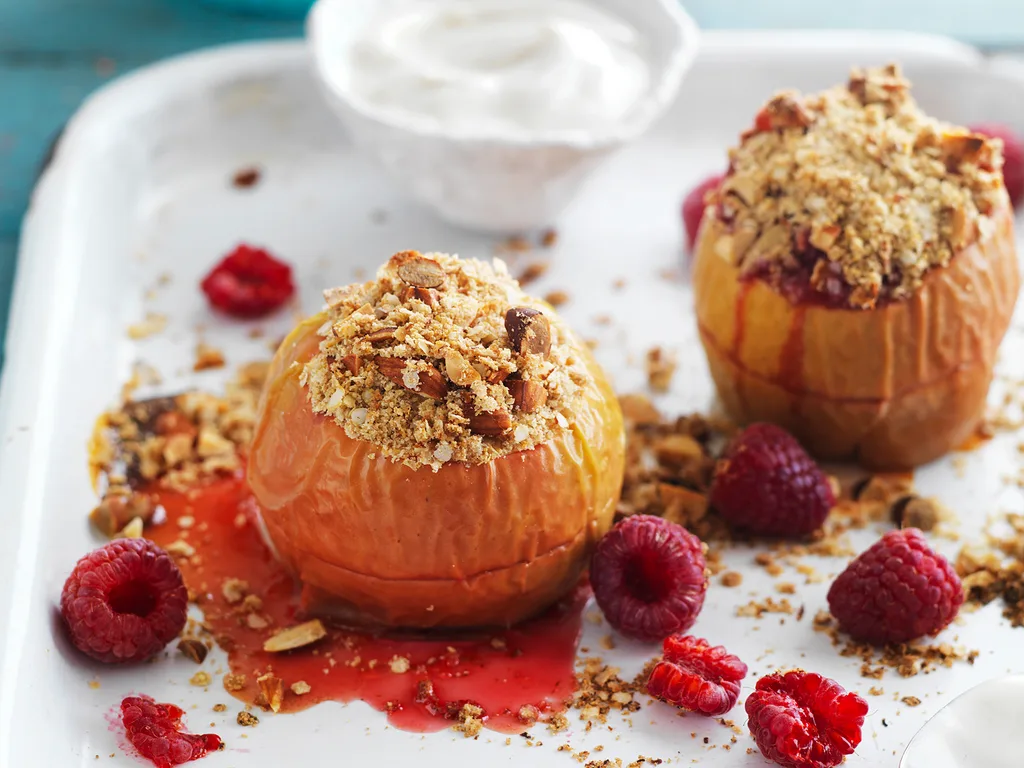 baked apples and raspberries with quinoa almond crumble