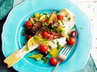 oven-baked fish with tomato and olives