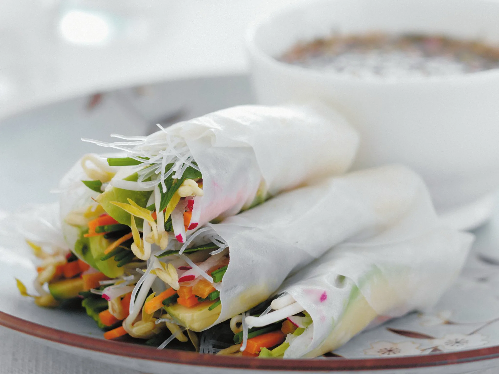 Vegetable rice paper rolls with chilli dipping sauce-image