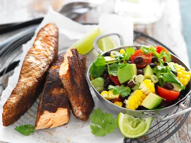 jerk salmon with black bean salad