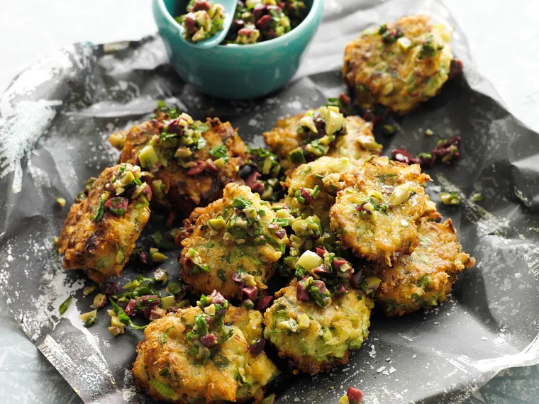 Artichoke and asparagus fritters with olive relish