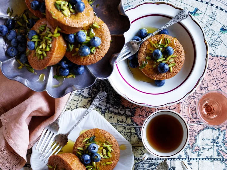 Pistachio friands with honey pistachio syrup