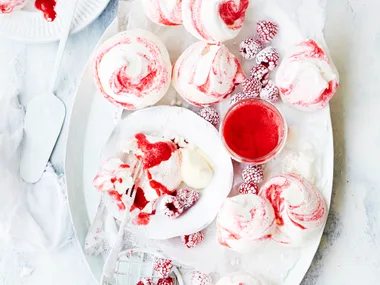 Rosewater and raspberry swirl meringues