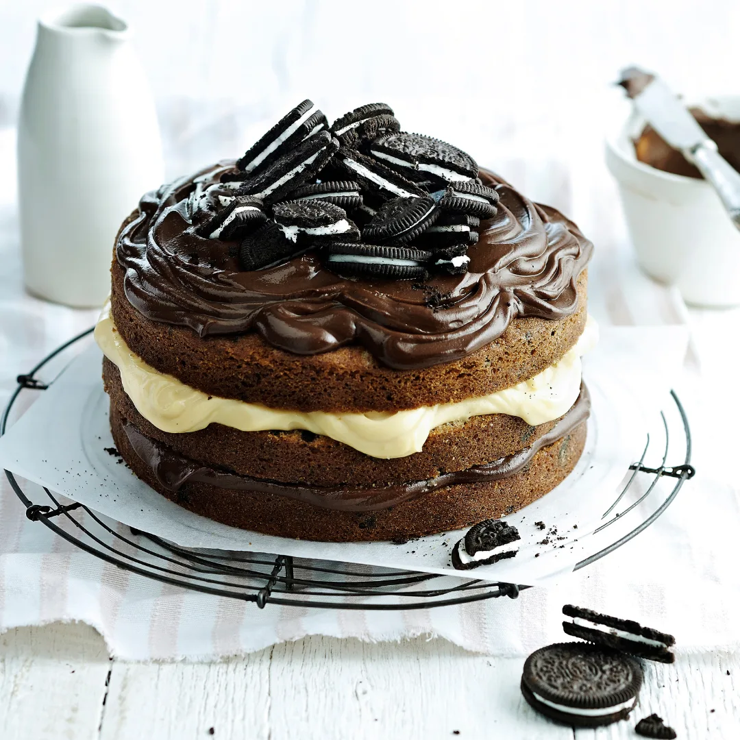 oreo cake on a cooling rack