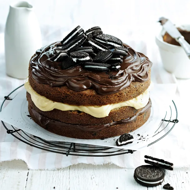 oreo cake on a cooling rack