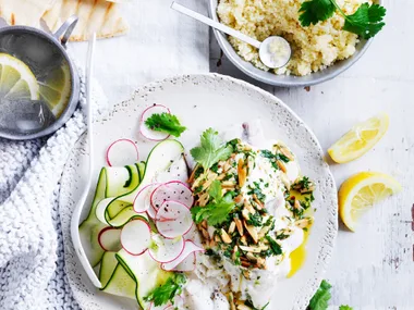 Steamed fish with tahini yoghurt