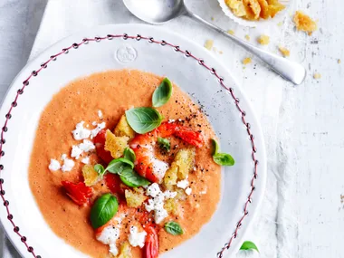 Gazpacho with feta and prawns