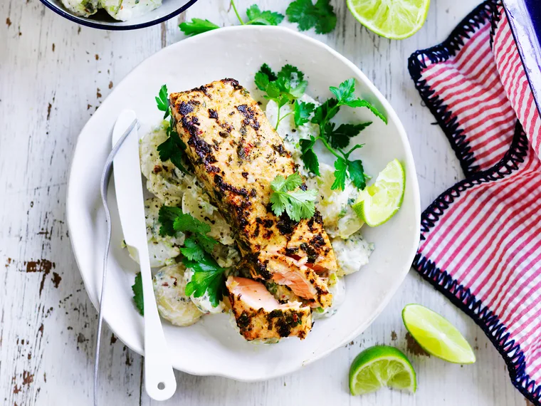 Jerk salmon with yoghurt potatoes